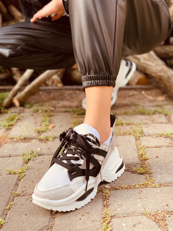 Beyaz-Füme (Sentello) Kadın Spor Ayakkabı Sneakers