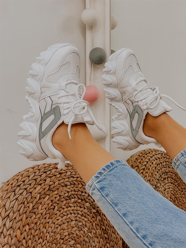 Beyaz Reflektör (Ripple) Kadın Bağcıklı Sneakers