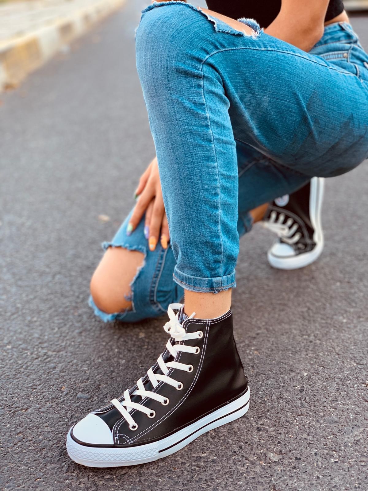 Bot Siyah Deri (Converse) Kadın Spor Ayakkabı Sneakers l Erva'nın Butiği