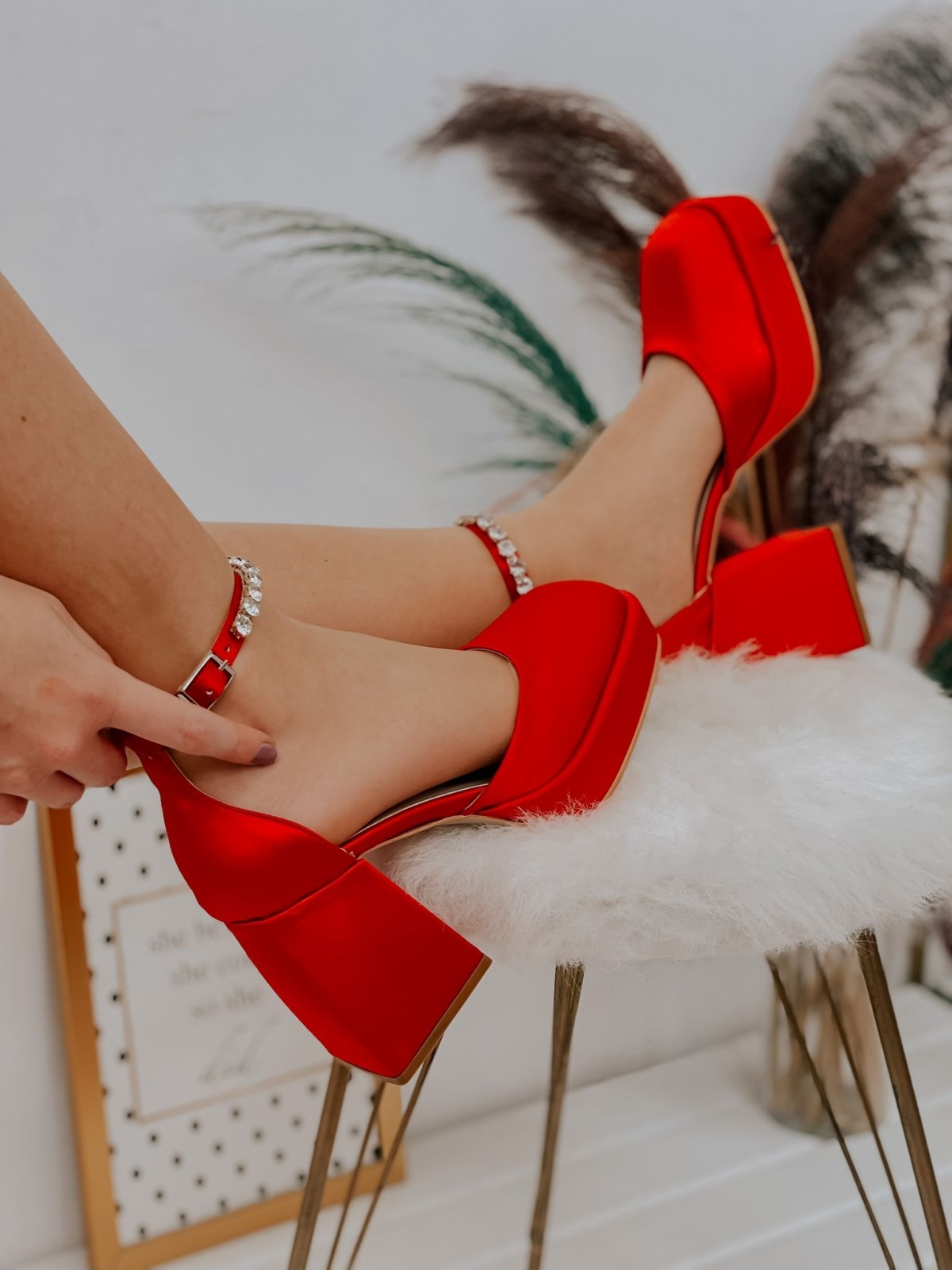 Kırmızı Saten (Rasha) Taş Detay Platform Kadın Topuklu Ayakkabı