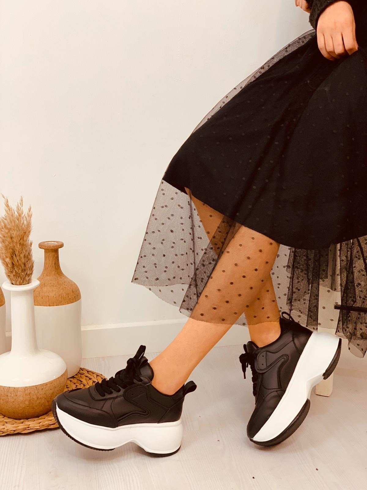 Siyah Deri (Sacco) Kadın -Bayan Spor Ayakkabı Sneakers l Erva'nın Butiği