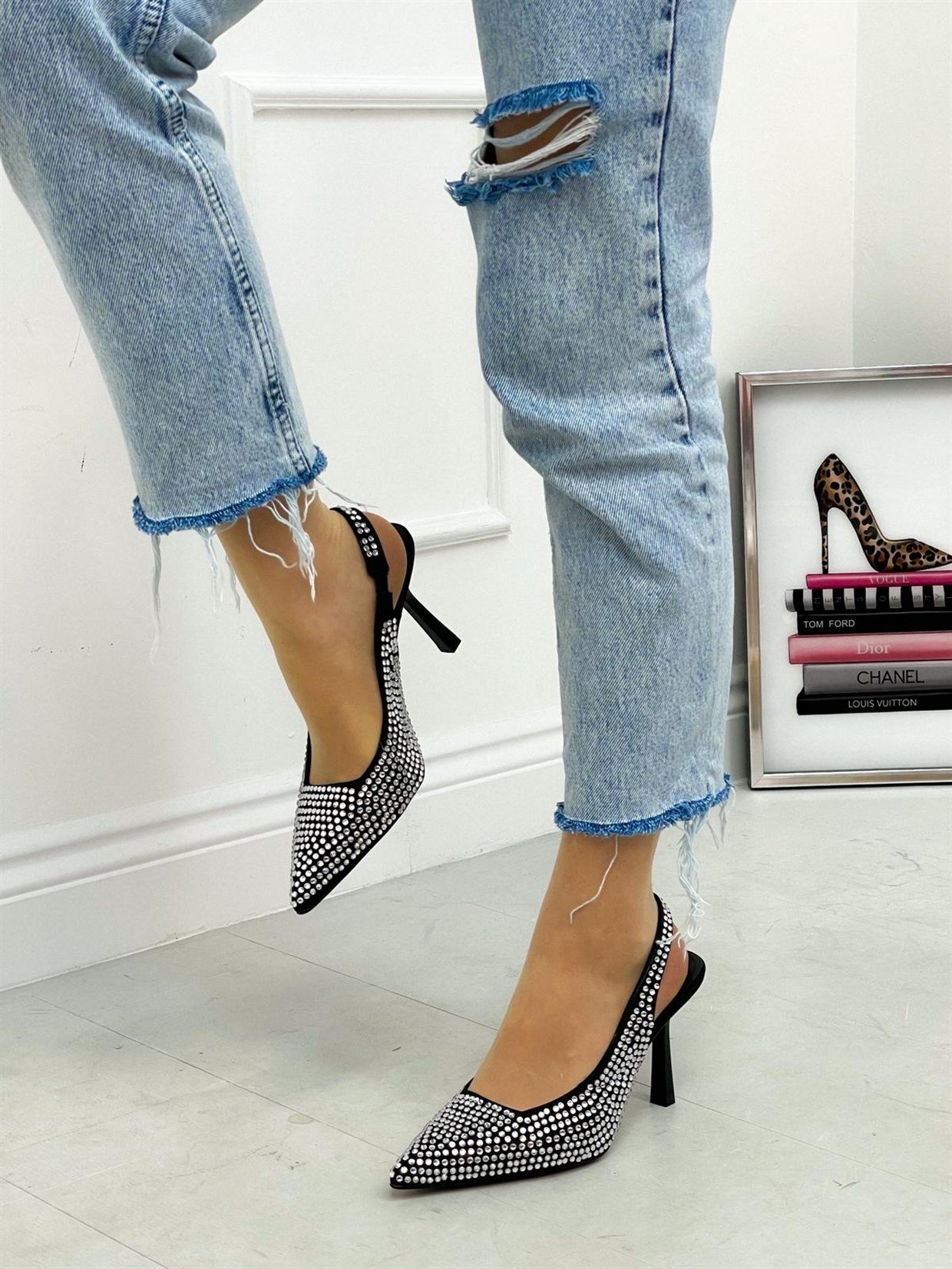 Siyah Gümüş (Bright) Taş Detay Kadın Topuklu Ayakkabı