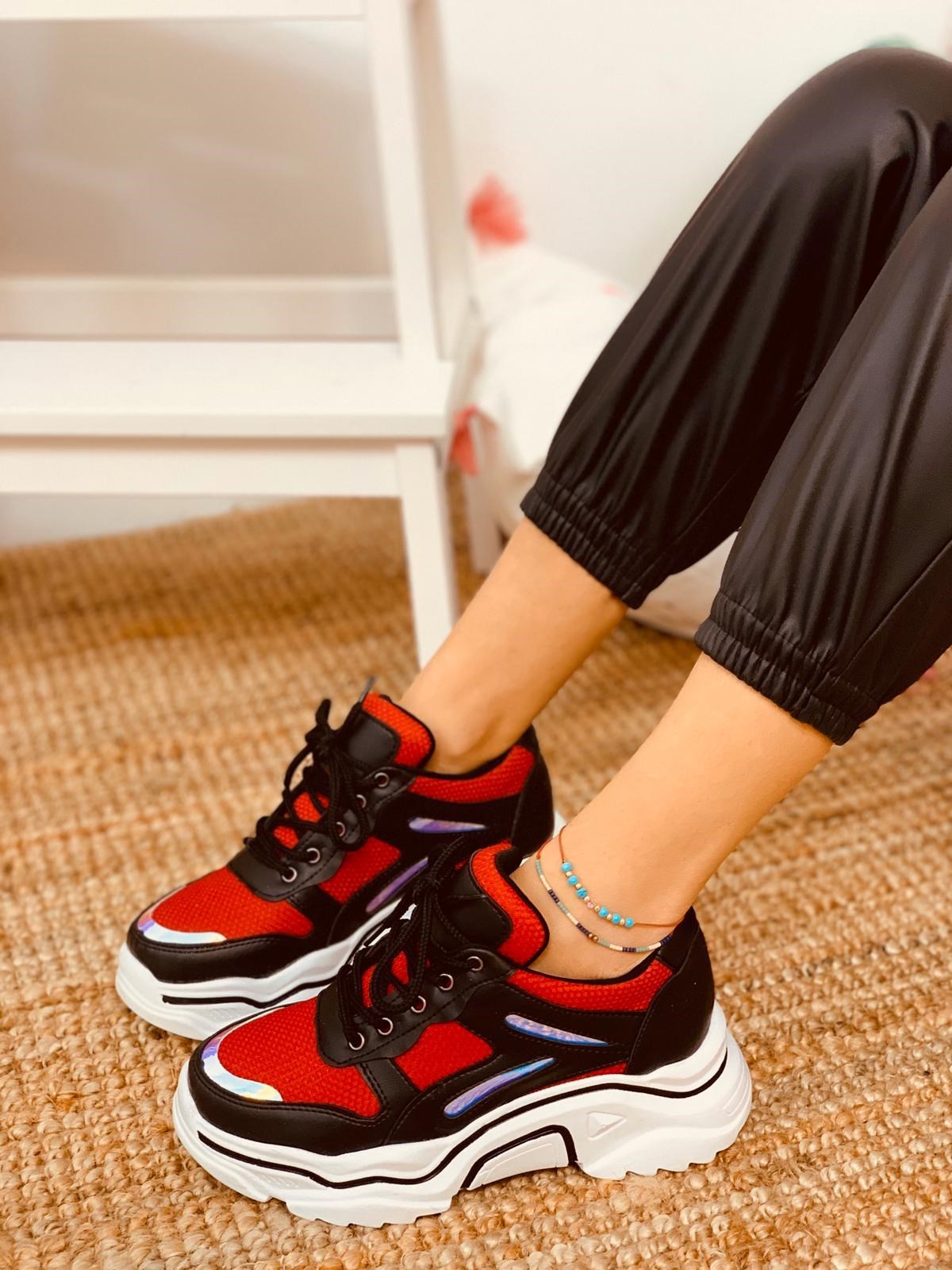 Siyah-Kırmızı (Zeplin) Kadın Spor Ayakkabı Sneakers l Erva'nın Butiği
