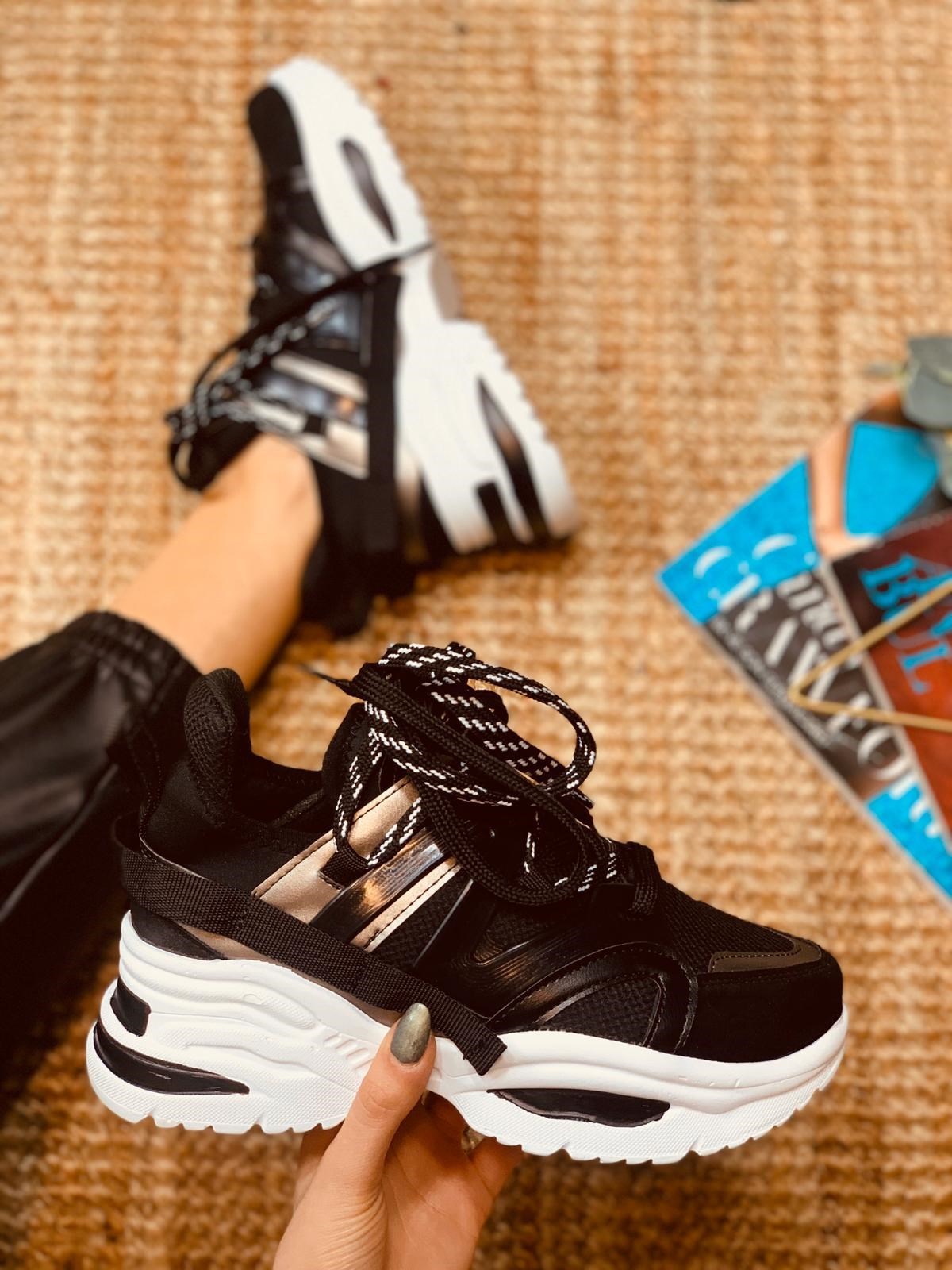 Siyah-Platin (Sentello) Kadın Spor Ayakkabı Sneakers l Erva'nın Butiği