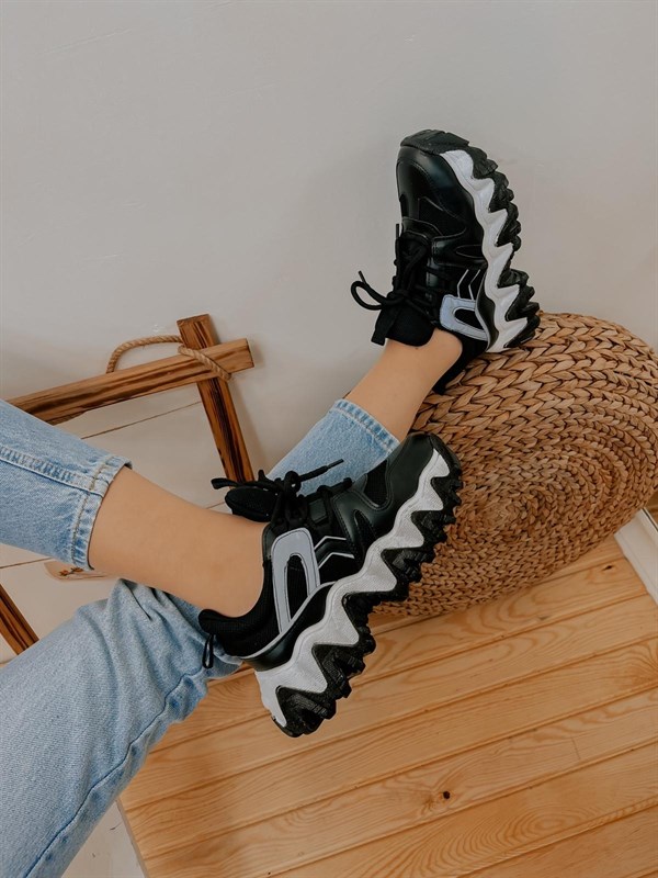 Siyah Reflektör (Ripple) Kadın Bağcıklı Sneakers