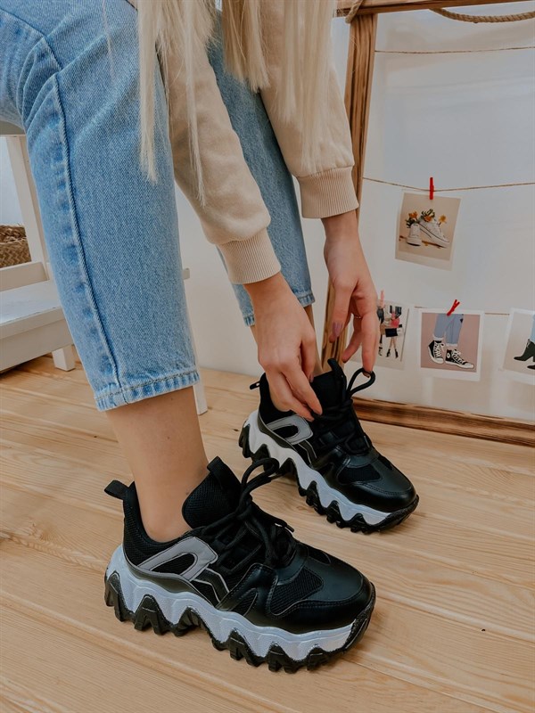 Siyah Reflektör (Ripple) Kadın Bağcıklı Sneakers