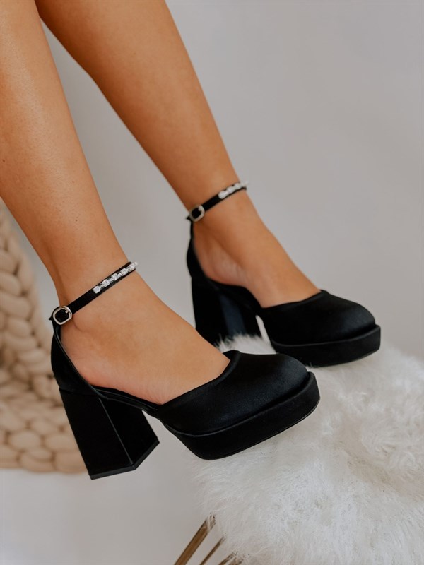 Siyah Saten (Rasha) Taş Detay Platform Ayakkabı