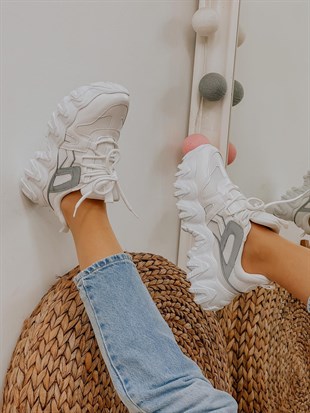Beyaz Reflektör (Ripple) Kadın Bağcıklı Sneakers