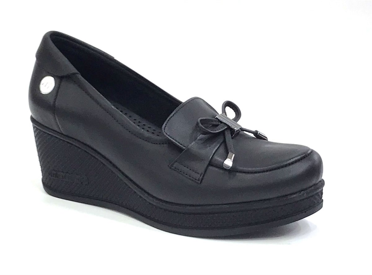 3620 Mammamia Dolgu Topuk Kadın Deri Ayakkabı-Siyah - Sistem Ayakkabı Online