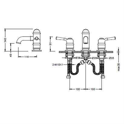 Bocchi Burlington Antik Siyah Üç Delikli Lavabo Bataryası