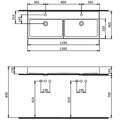 Bocchi Milano 120 cm Çift Gözlü Tezgah Üstü Lavabo Parlak Beyaz