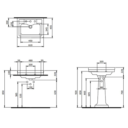 Bocchi Verona 61 cm Üç Delikli Parlak Bisküvi Lavabo