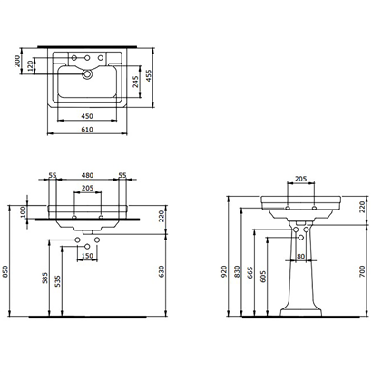 Bocchi Verona 61 cm Üç Delikli Parlak Siyah Lavabo
