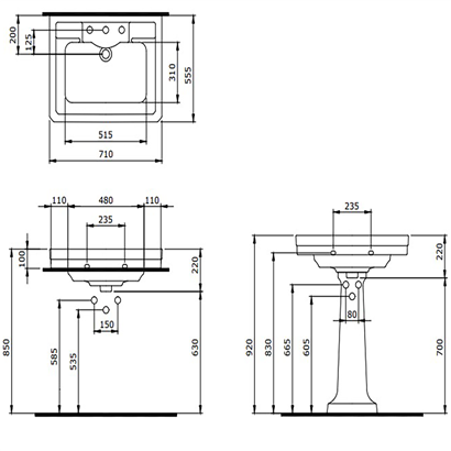 Bocchi Verona 71 cm Üç Delikli Mat Siyah Lavabo