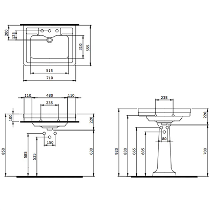 Bocchi Verona 71 cm Üç Delikli Parlak Beyaz Lavabo