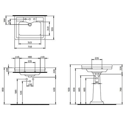 Bocchi Verona 71 cm Üç Delikli Parlak Siyah Lavabo