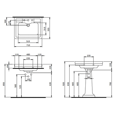 Bocchi Verona 71 cm Üç Delikli Parlak Bisküvi Lavabo
