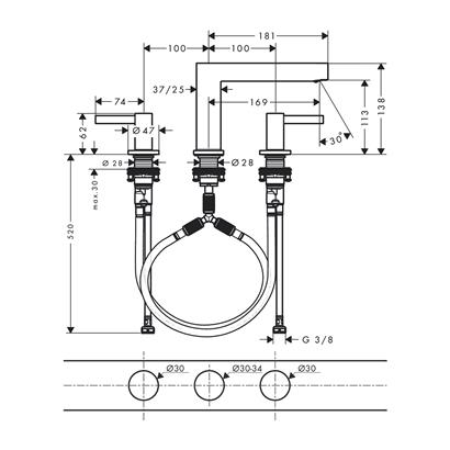 HansGrohe Finoris 3 - Delikli Lavabo Bataryası 110, Bas - Aç Gider Seti İle - 76033700