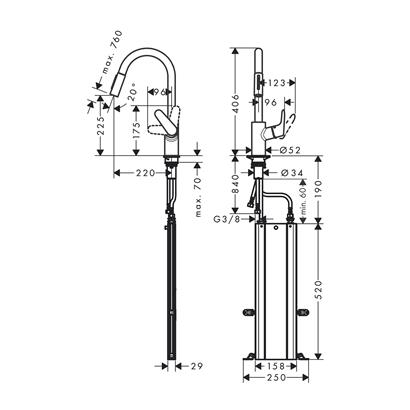 HansGrohe Focus M41 Tek Kollu Eviye Bataryası 240, Çekilebilir El Duşu, 2Jet, Sbox - 73880000