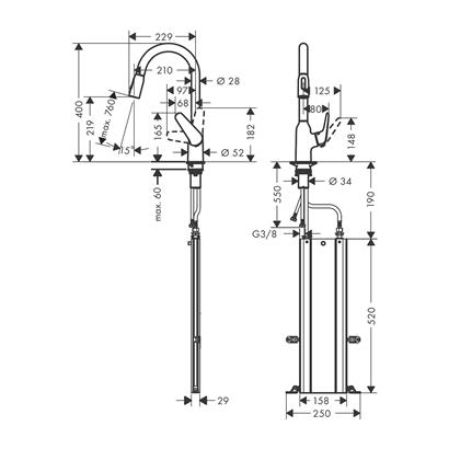 HansGrohe Focus M42 Tek Kollu Eviye Bataryası 220, Çekilebilir El Duşu, 2Jet, Sbox - 71820000