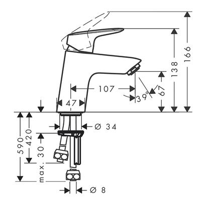 HansGrohe Logis Tek Kollu Lavabo Bataryası 70 Bas - Aç Gider Seti, Düşük Basınçlı Isıtıcılar İçin - 71074000