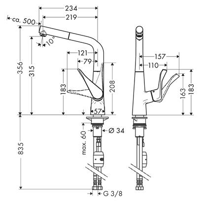 HansGrohe Metris M71 Tek Kollu Eviye Bataryası 320, Çekilebilir Gaga, 1Jet  - 14821800