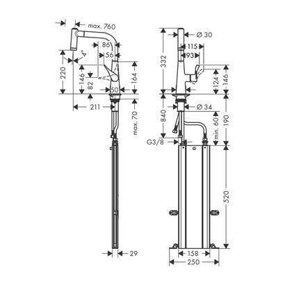 HansGrohe Metris M71 Tek Kollu Eviye Bataryası 220, Eco, Çekilebilir El Duşu, 2Jet, Sbox - 73823000