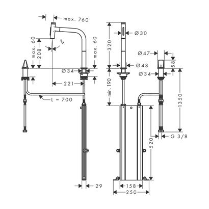HansGrohe Metris Select M71 2 - Delikli Tek Kollu Eviye Bataryası 200, Çekilebilir El Duşu, 2Jet, Sbox - 73818800