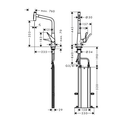 HansGrohe Metris Select M71 Tek Kollu Eviye Bataryası 320, Çekilebilir El Duşu, 2Jet, Sbox - 73816000