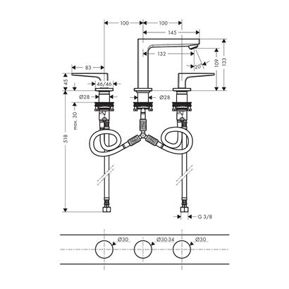 HansGrohe Metropol 3 - Delikli Lavabo Bataryası 110 Bas - Aç Gider Seti Ve Loop Volan İle - 74514000