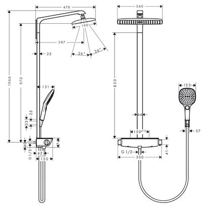 HansGrohe Raindance E Duş Kolonu 360 1 Jet, Ecosmart, 9 Lt/Dk, Termostat İle - 27286000