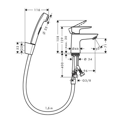 HansGrohe Talis E Tek Kollu Lavabo Bataryası Bidette El Duşu Ve 160 Cm Duş Hortumu İle - 71729000