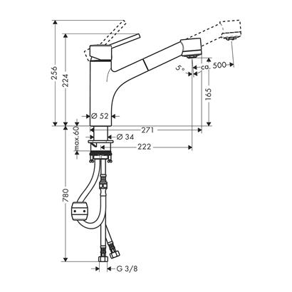 HansGrohe Talis M52 Tek Kollu Eviye Bataryası 170, Çekilebilir El Duşu, 2Jet - 32841000
