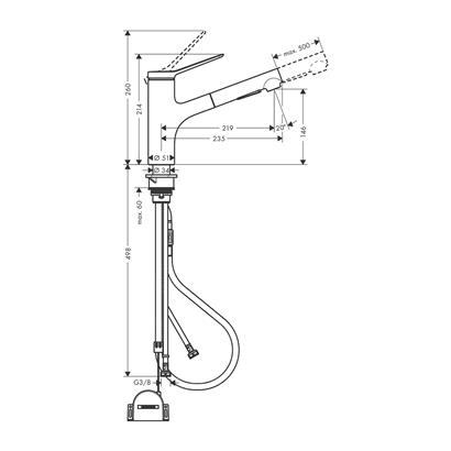 HansGrohe Zesis M33 Tek Kollu Eviye Bataryası, 150, Çekilebilir El Duşu,2Jet, Sbox Lite - 74803800