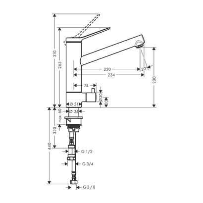HansGrohe Zesis M33 Tek Kollu Eviye Bataryası, 200, Açma - Kapama Valfi, 1Jet - 74808000