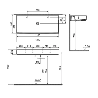Vitra Archiplan Çift Armatür Delikli Lavabo Parlak Beyaz, 120 Cm