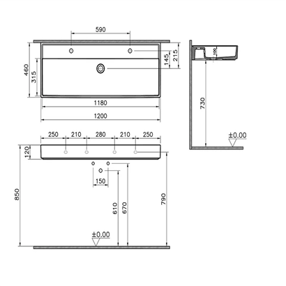 Vitra Archiplan Çift Armatür Delikli Lavabo Parlak Beyaz, 120 Cm