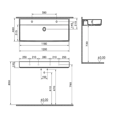 Vitra Archiplan Çift Armatür Delikli Lavabo Mat Terra Rosa, 120 Cm
