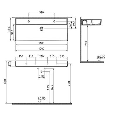 Vitra Archiplan Çift Armatür Delikli Lavabo Mat Terra Rosa, 120 Cm