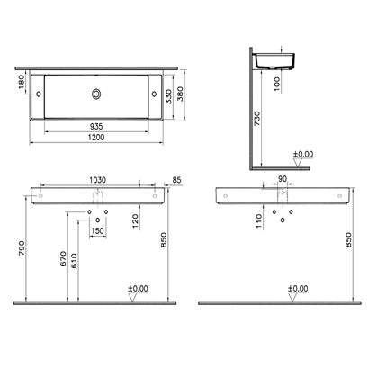 Vitra Archiplan Dar Lavabo Mat Taş Gri, 120 Cm