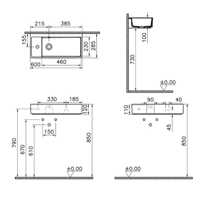 Vitra Archiplan Dar Soldan Armatürlü Lavabo 60 Cm, Mat Taş Gri