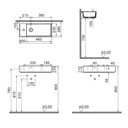 Vitra Archiplan Dar Soldan Armatürlü Lavabo 60 Cm, Mat Terra Rosa