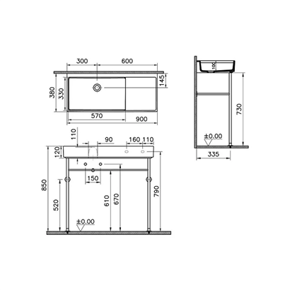 Vitra Archiplan Metal Ayaklı Dar Lavabo Mat Taş Gri, 90 Cm
