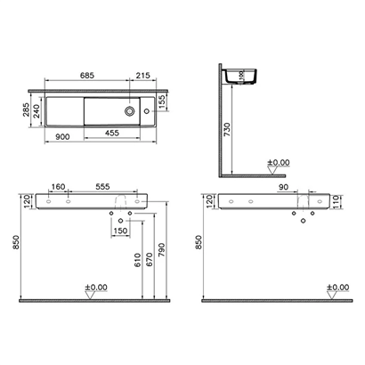Vitra Archiplan Sağdan Armatürlü Dar Lavabo 90 Cm, Mat Taş Gri 