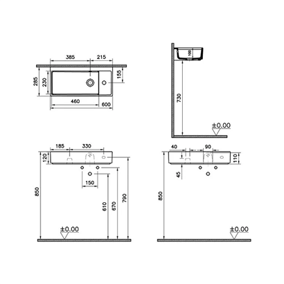 Vitra Archiplan Sağdan Armatürlü Dar Lavabo 60 Cm, Mat Taş Gri