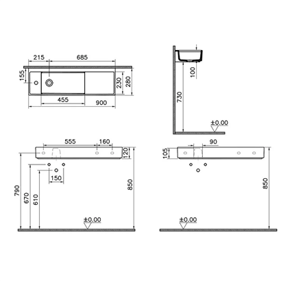 Vitra Archiplan Soltan Armatürlü Dar Lavabo 90 Cm, Mat Taş Gri