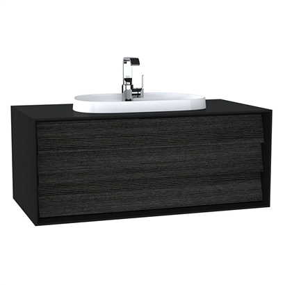 Vitra Frame Lavabo Dolabı 100 Cm, Bir Çekmeceli Tezgahüstü TvShape Lavabolu, Armatür Delikli, Mat Soft Siyah & Hareli Siyah Meşe