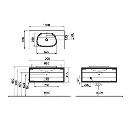 Vitra Frame Lavabo Dolabı 100 Cm, Bir Çekmeceli Tezgahüstü TvShape Lavabolu, Armatür Delikli, Mat Soft Beyaz & Dore Meşe