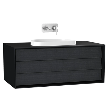 Vitra Frame Lavabo Dolabı 100 Cm, Bir Çekmeceli Tezgahüstü TvShape Lavabolu, Armatür Deliksiz, Mat Soft Siyah & Hareli Siyah Meşe