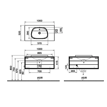 Vitra Frame Lavabo Dolabı 100 Cm, Bir Çekmeceli Tezgahüstü TvShape Lavabolu, Armatür Delikli, Mat Soft Siyah & Hareli Siyah Meşe